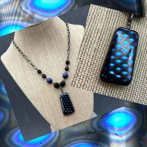 Pendant Necklace As Is Blue Black Gunmetal Silver Chain Peacock Faceted Pearl